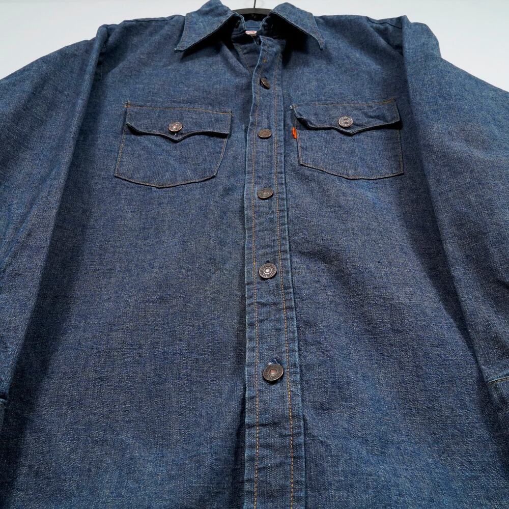 Vintage 70s Levi’s Orange Tab Denim Chore Work Shirt XL Made in USA Indigo - Picture 10 of 12